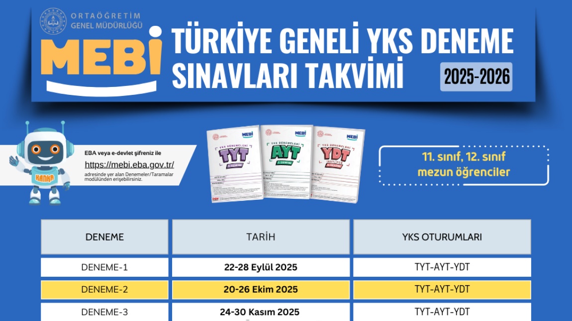MEBİ YKS Deneme Sınav Takvimi 2025-2026